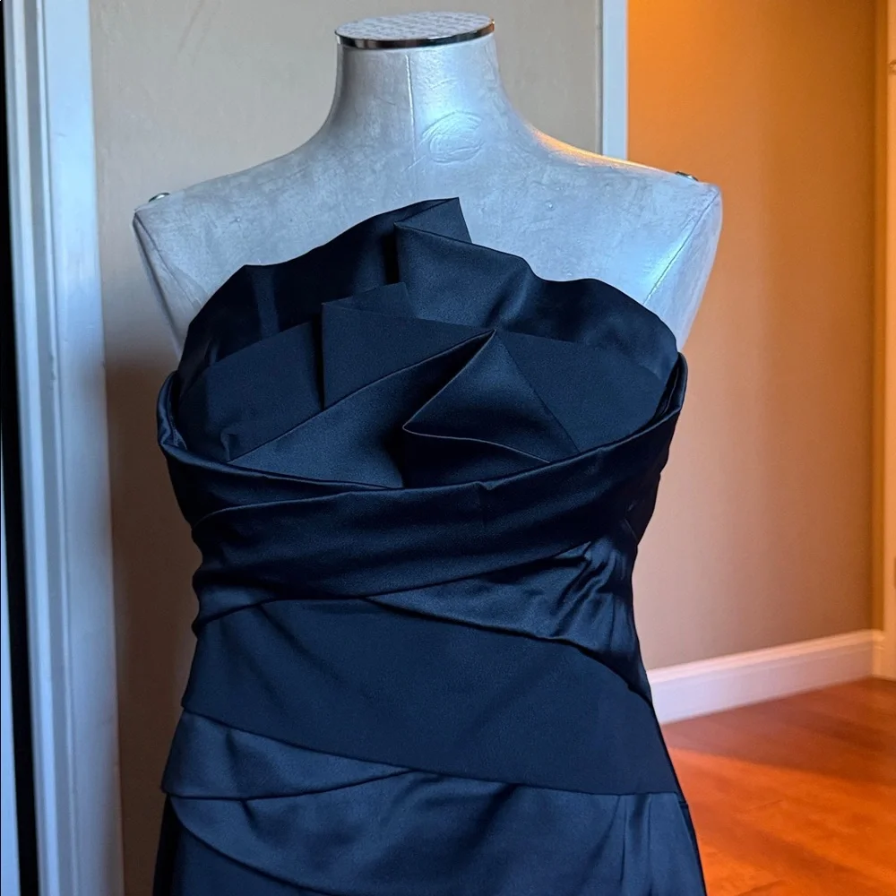 Coast Women’s Black Satin Strapless Evening Long Dress Front Modern Ruffles 8